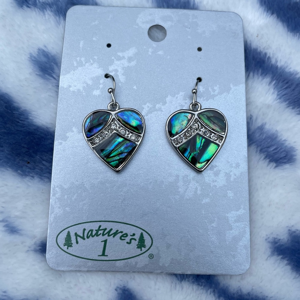 Nearly Vintage NIP Nature's 1 Abalone Heart Shape Gemstone Silver Tone Earrings